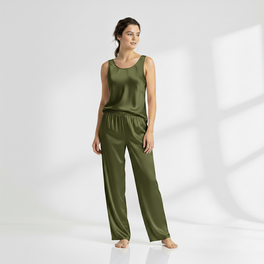 SILK TOP & PAJAMA SET - OLIVE Silk Top & Pajama Bloomstyle