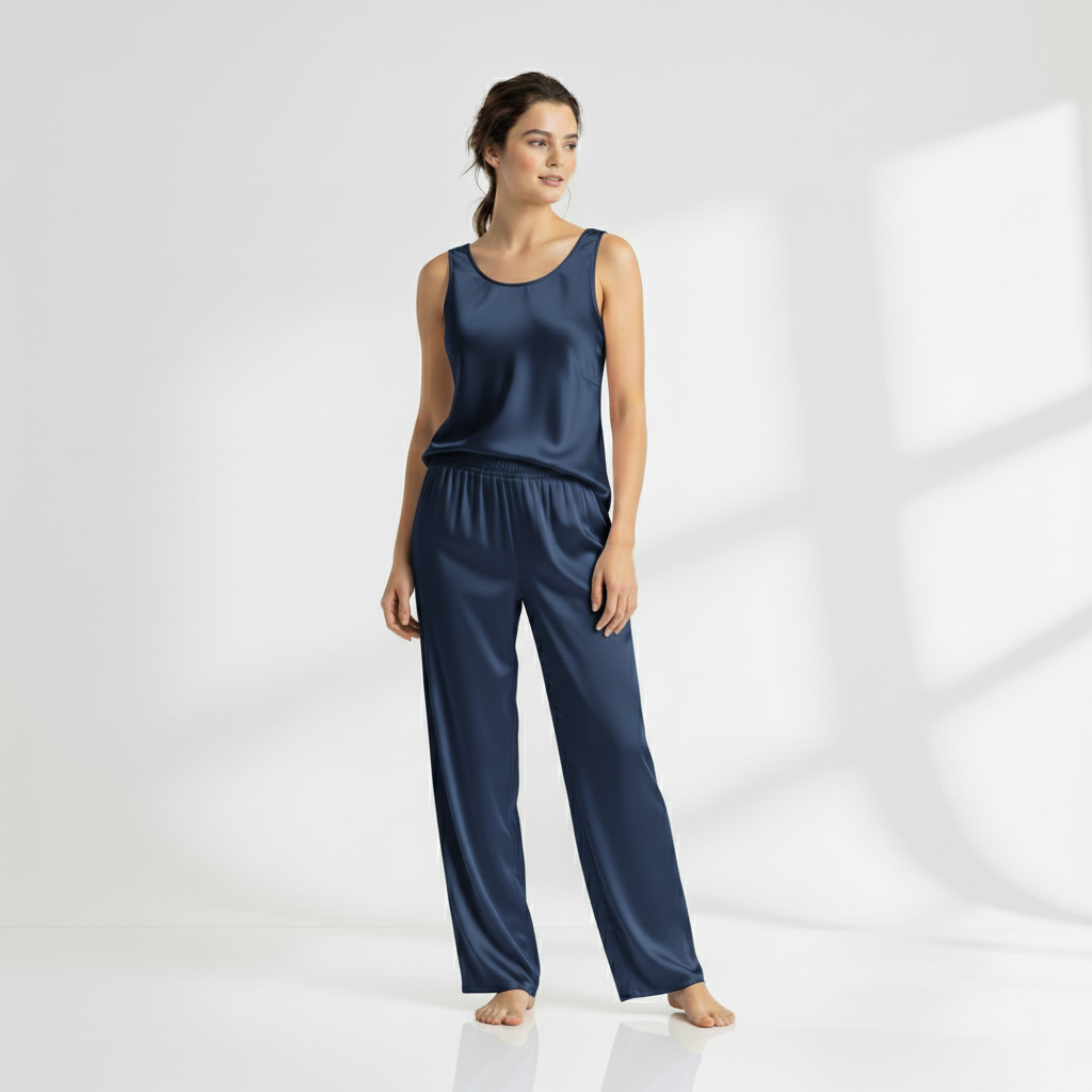 SILK TOP & PAJAMA SET - NAVYBLUE Silk Top & Pajama Bloomstyle