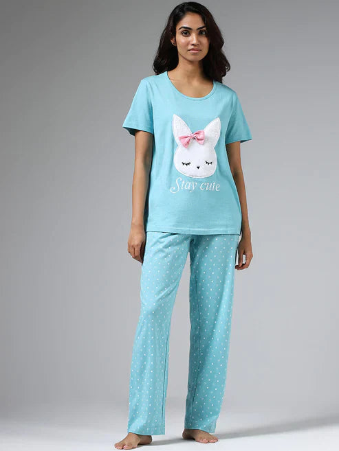 HN-SEA GREEN STAY CUTE PRINTED NIGHT SUIT Soft Cotton Bloomstyle