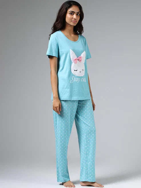 HN-SEA GREEN STAY CUTE PRINTED NIGHT SUIT Soft Cotton Bloomstyle