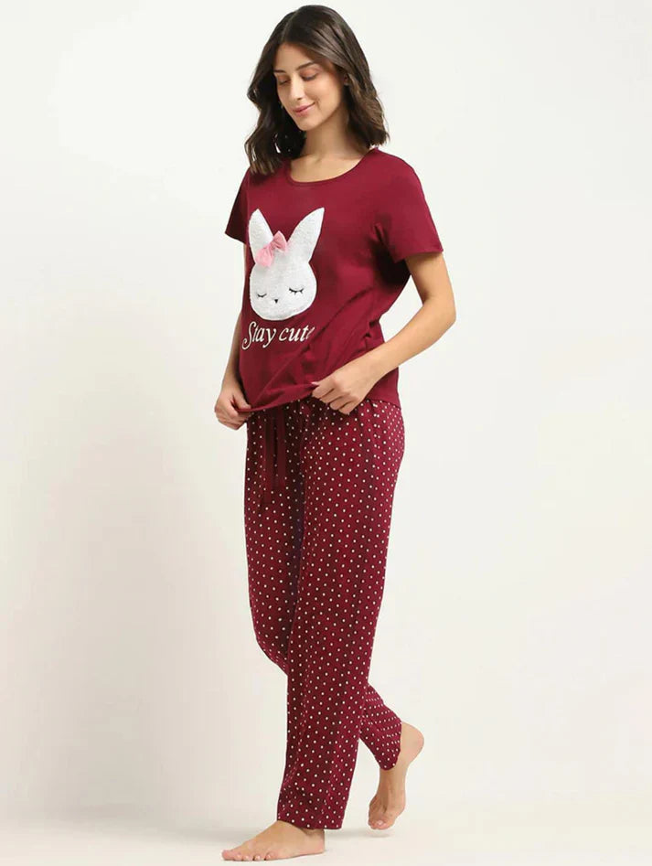 HN-MAROON STAY CUTE PRINTED NIGHT SUIT Soft Cotton Bloomstyle