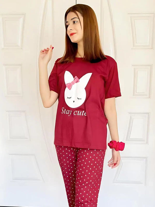 HN-MAROON STAY CUTE PRINTED NIGHT SUIT Soft Cotton Bloomstyle