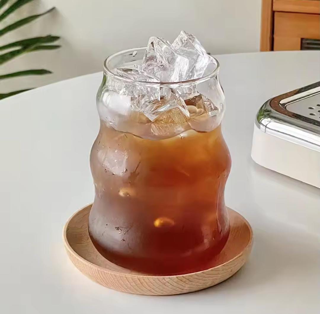 Wave Shape Glass Cup With wooden lid & straw