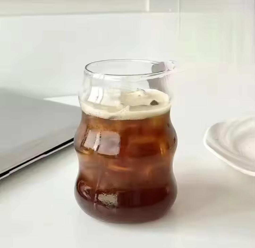 Wave Shape Glass Cup With wooden lid & straw