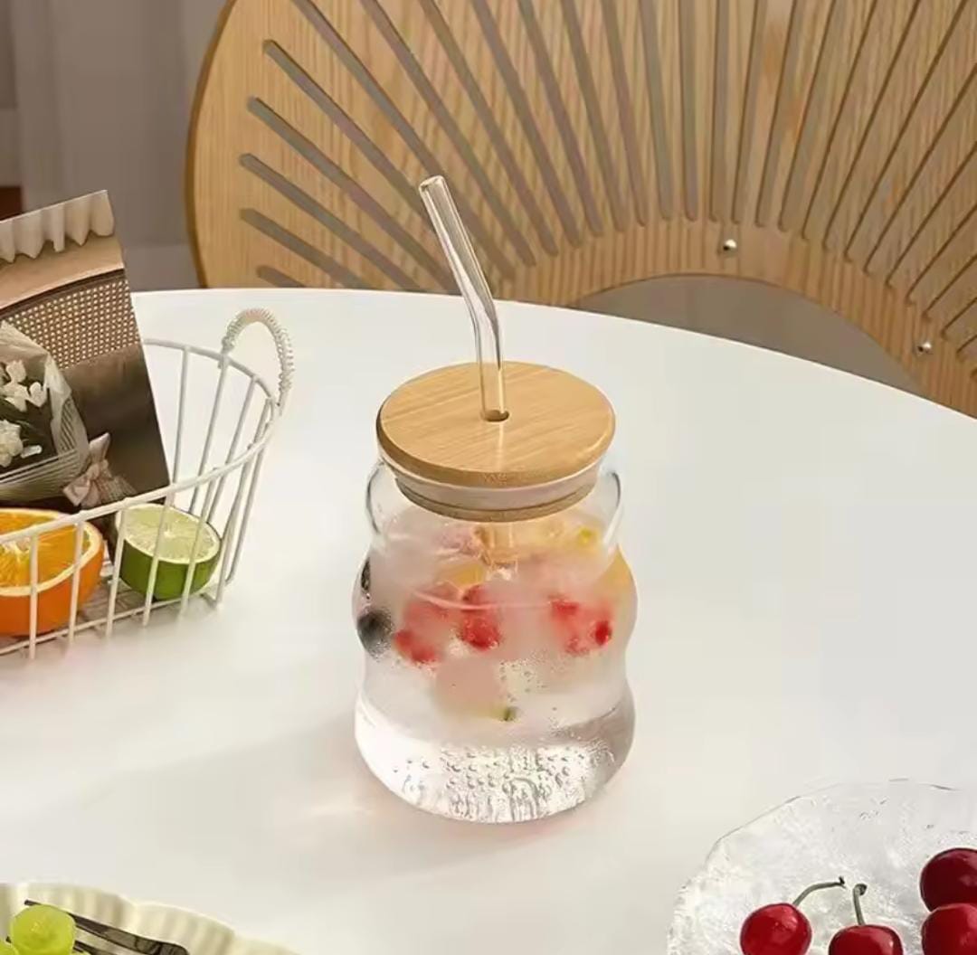 Wave Shape Glass Cup With wooden lid & straw