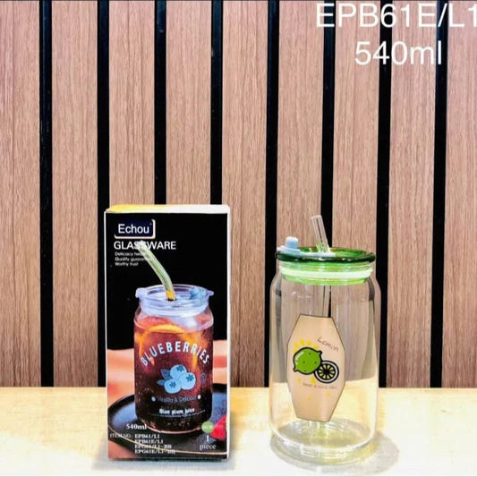 Clear Sipper Jar (540ml) with Glass Lid and Glass Straw