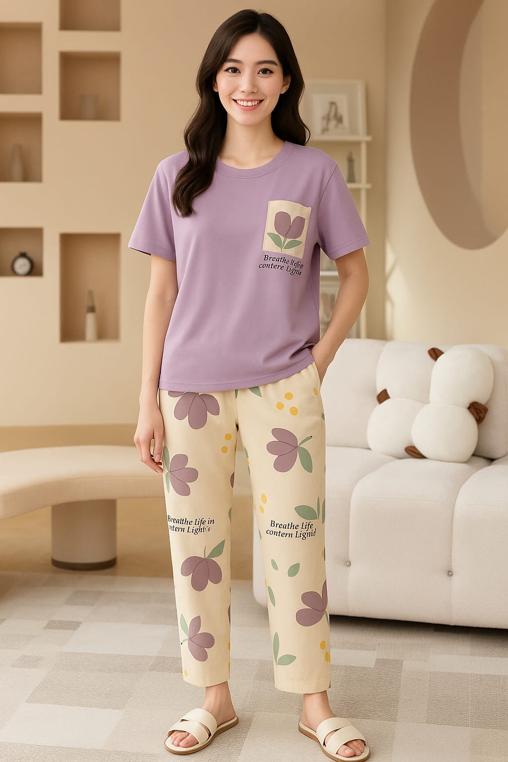 POCKET FLOWER NIGHT SUIT - LILAC Soft Cotton Bloomstyle