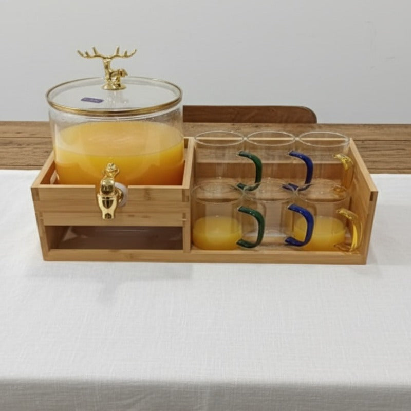 Echou GoldenDeer Glass Dispenser Set with Wooden Stand & 6 Glasses