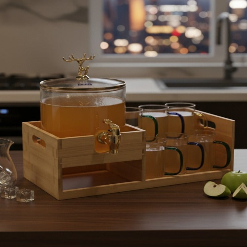 Echou GoldenDeer Glass Dispenser Set with Wooden Stand & 6 Glasses