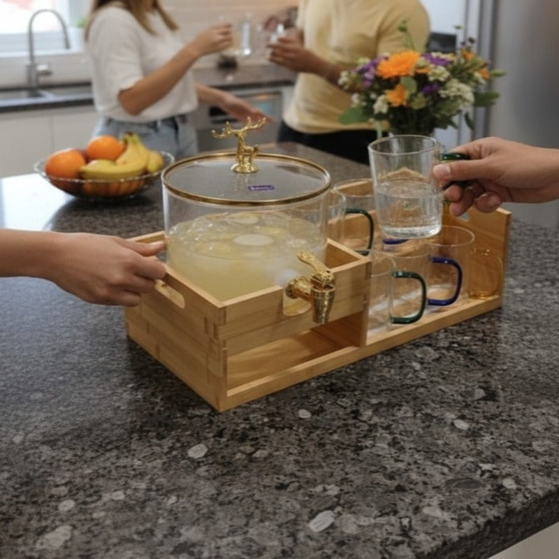 Echou GoldenDeer Glass Dispenser Set with Wooden Stand & 6 Glasses