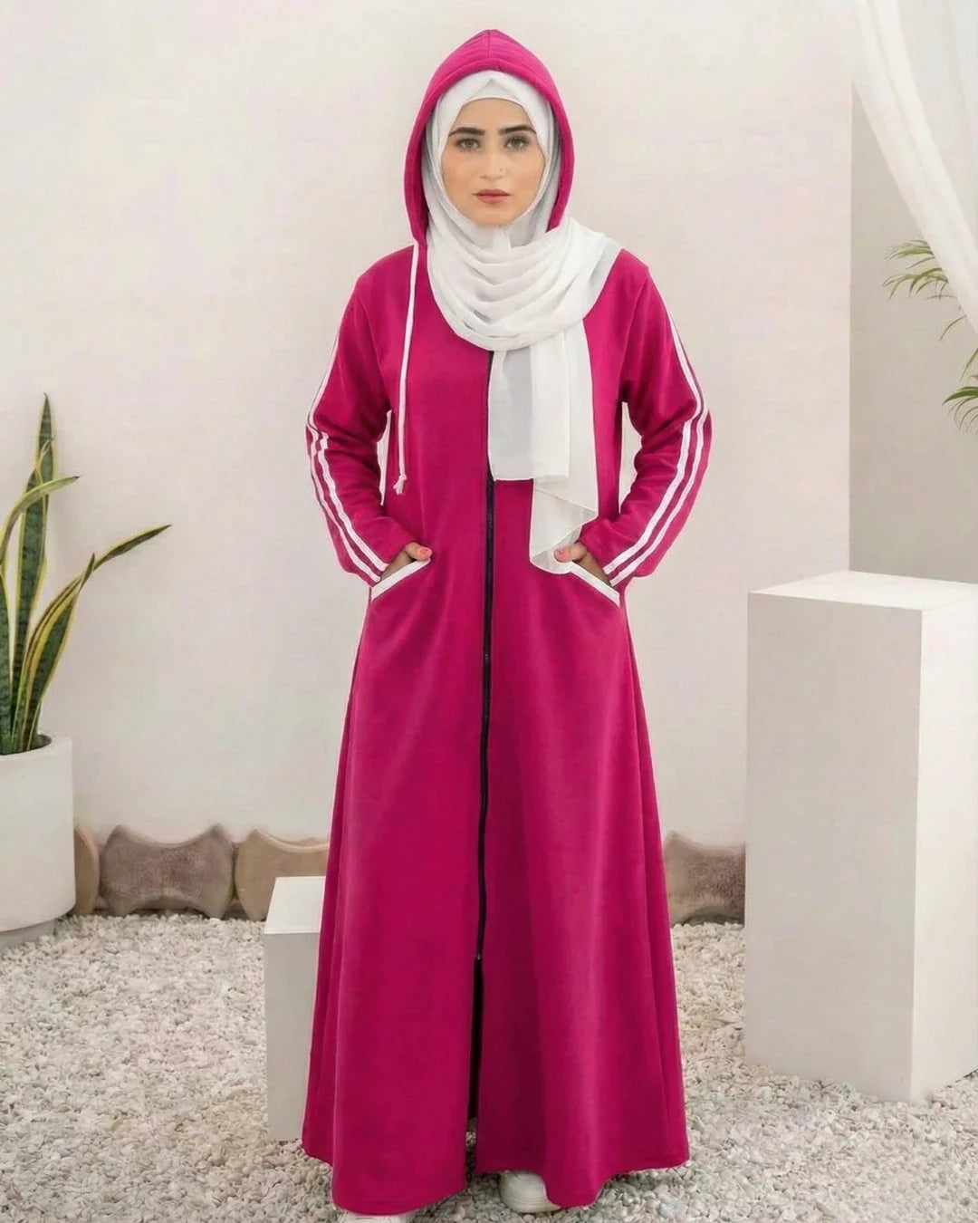 Women Hooded Zip-Up Fleece Abaya | Pink