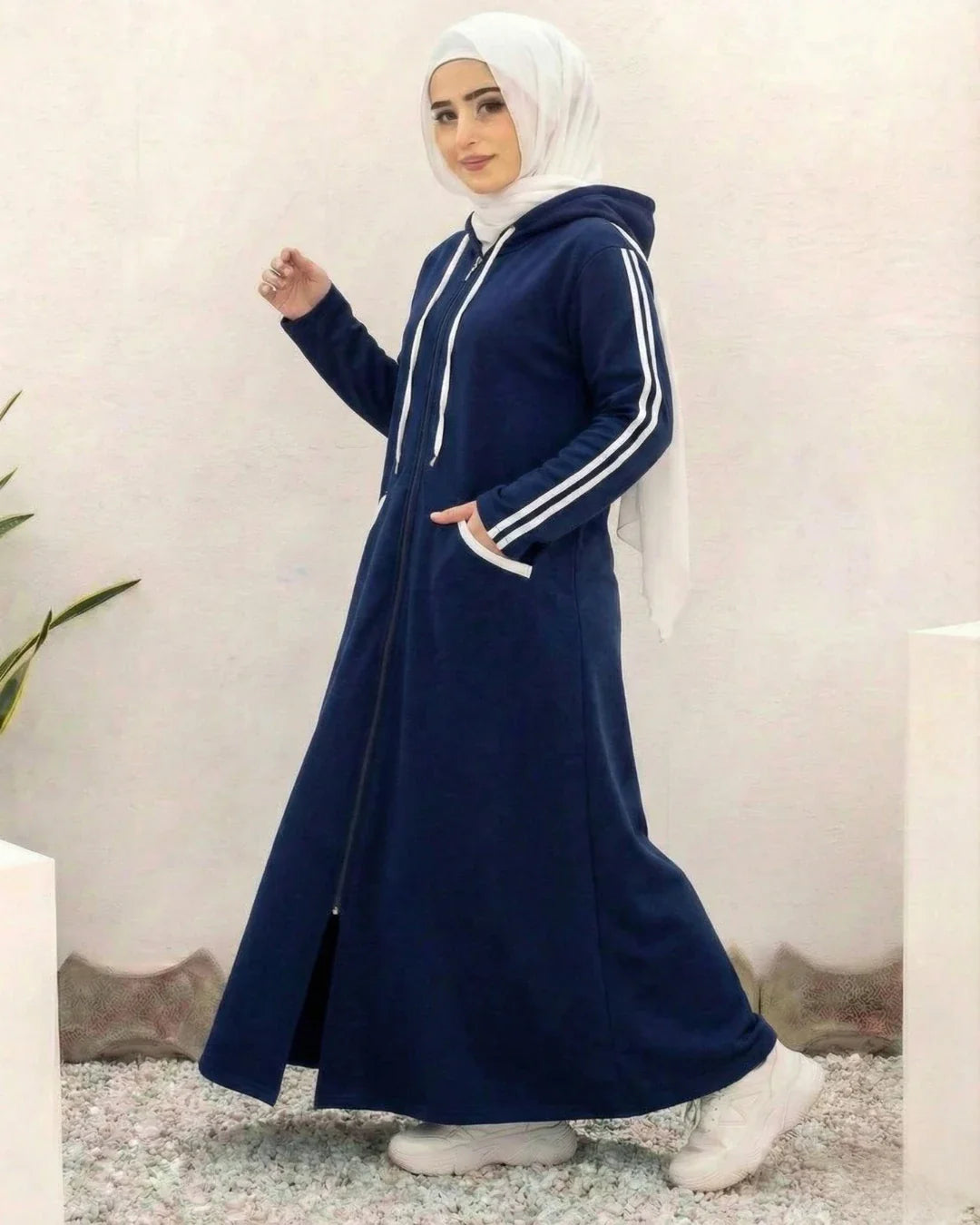 Women Hooded Zip-Up Fleece Abaya | Navy Blue