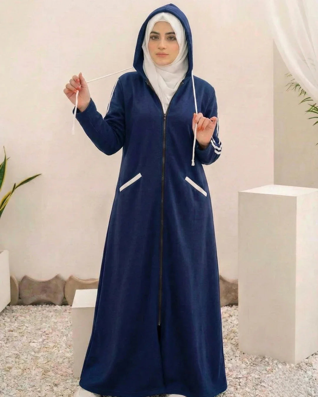 Women Hooded Zip-Up Fleece Abaya | Navy Blue