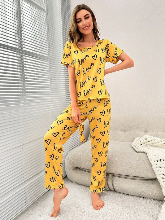 HN-YELLOW LOVE HEART PRINTED NIGHT SUIT Soft Cotton Bloomstyle