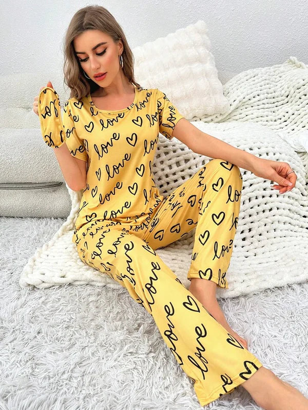 HN-YELLOW LOVE HEART PRINTED NIGHT SUIT Soft Cotton Bloomstyle