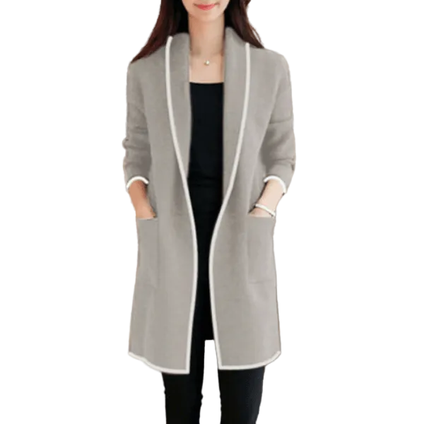 Grey Front Open Long Coat Dual Pockets Jacket