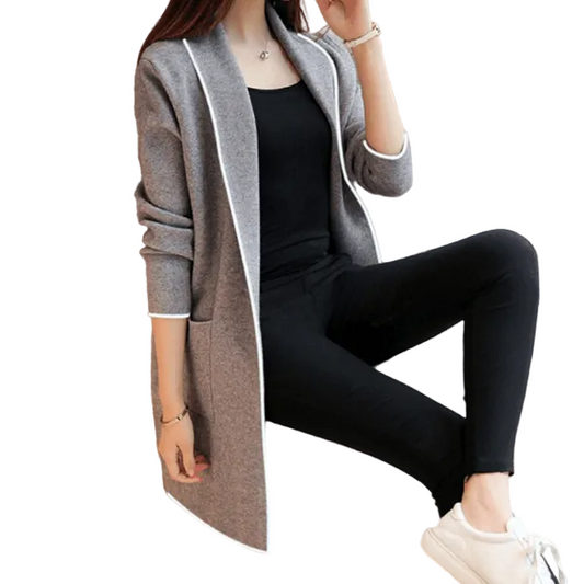 Grey Front Open Long Coat Dual Pockets Jacket