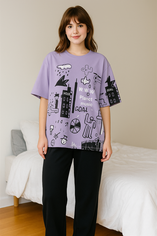 SR-PLANET PRINTED PJ SUIT - LILAC Soft Cotton Bloomstyle
