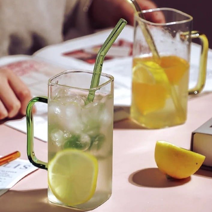 "Square Glass Cup With Bamboo Lid and Straw"
